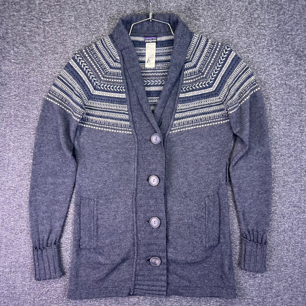 Patagonia Cardigan Womens XS Gray Fair Isle Lambswool Shawl Collar Button Front